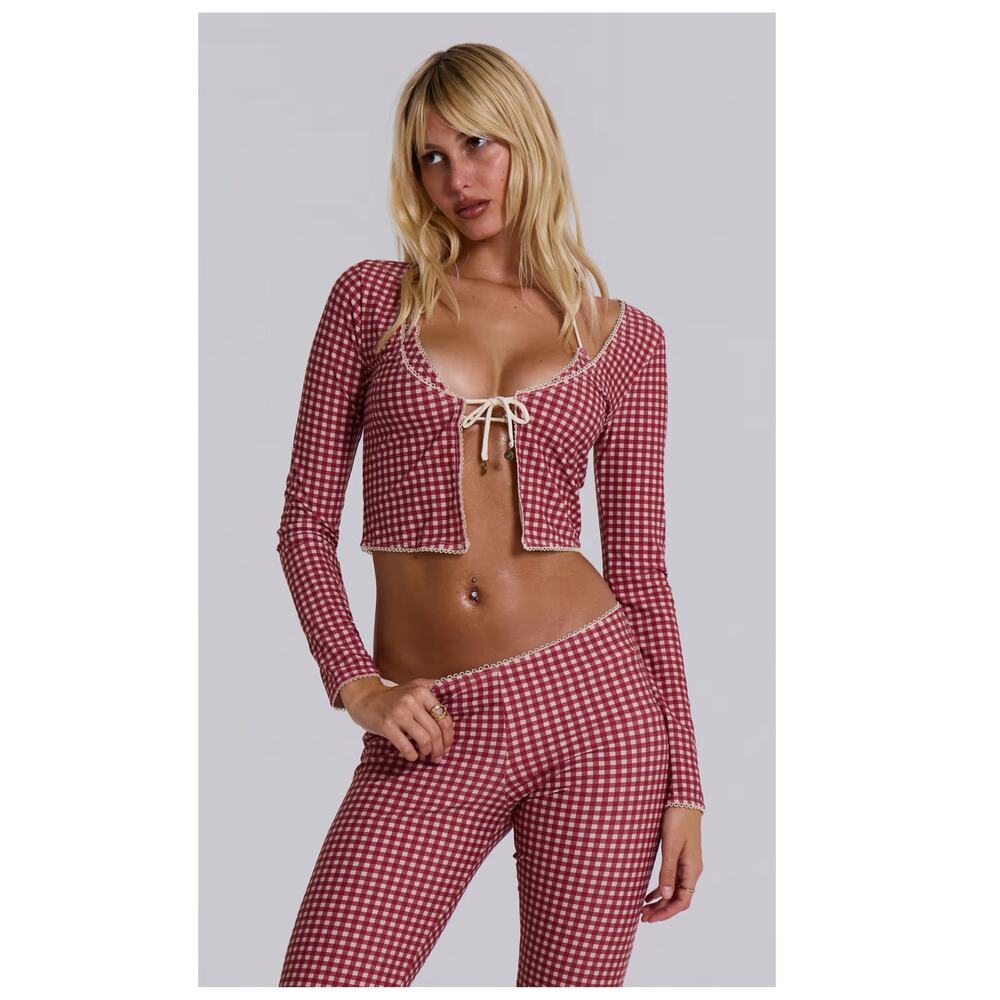 NEW JADED LONDON Gingham Tie Front Picot Trim Crop Cardigan Size US/6